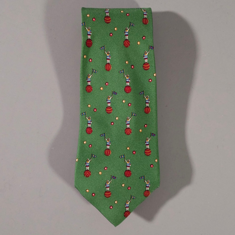 Salvatore Ferragamo Tie Mens OS Green Astronaut Globe Silk Italy Whimsical